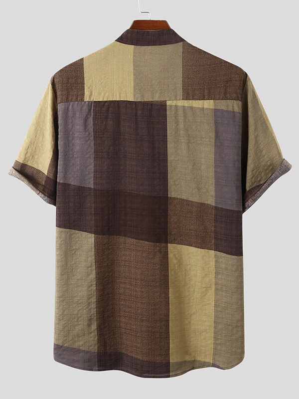 Mens Stand Collar Plaid Short-sleeved Shirt 6 Mens Stand Collar Plaid Short-sleeved Shirt - Image 4