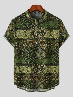 Mens Ethnic Totem Print Cotton Short Sleeve Henley Shirt -Incerun Shop c0de4722 d840 4ff6 b0be 926d20074dee