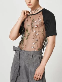 Mens Sexy Lace Print Short-sleeved T-Shirts -Incerun Shop c1091d60 8a26 42cb 92e8 8102e9a6a9c1