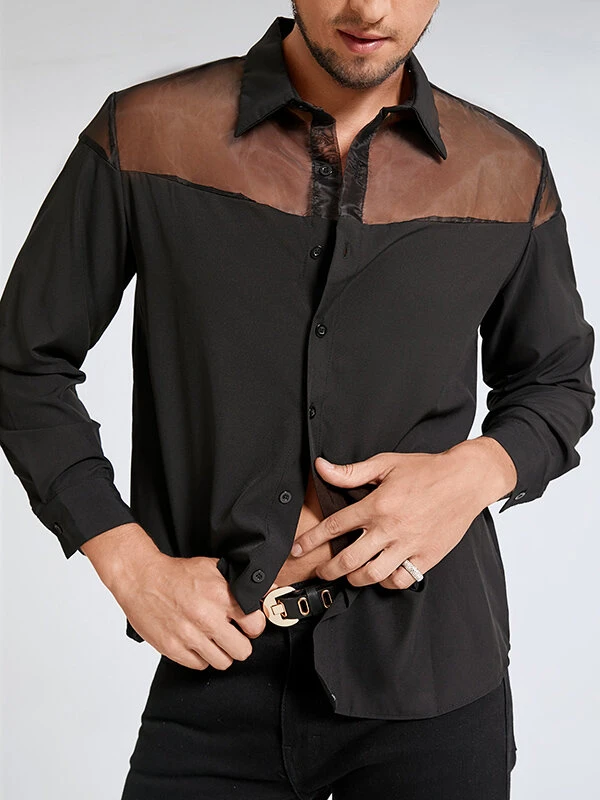Men Sexy Mesh Patchwork Long Sleeve Shirt 4 Men Sexy Mesh Patchwork Long Sleeve Shirt - Image 2