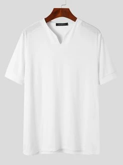 Mens Solid Notched Neck Casual Short Sleeve T-Shirt -Incerun Shop c1fd5ddb 70fa 42e1 a6a4 d2329570eabb