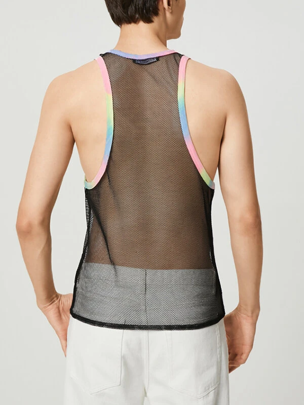 Mens Mesh See Through Tie Dye Trim Sleeveless Tank 5 Mens Mesh See Through Tie Dye Trim Sleeveless Tank - Image 3