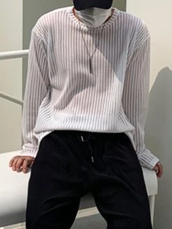 Mens Pleated Mesh Striped Long Sleeve T-Shirts -Incerun Shop c22b2480 ba5b 4539 b252 2d8c65b5056e