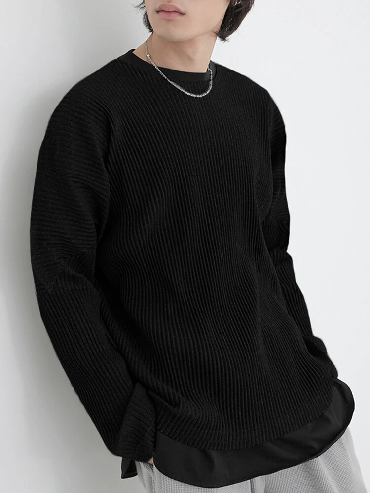 Mens Pleated Round Neck Long Sleeve T-Shirt 9 Mens Pleated Round Neck Long Sleeve T-Shirt - Image 7