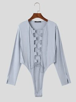 Mens Solid Lace-Up Long Sleeve Bodysuit -Incerun Shop c32a2c83 ff9b 43f8 b59c 617a62baa0f0