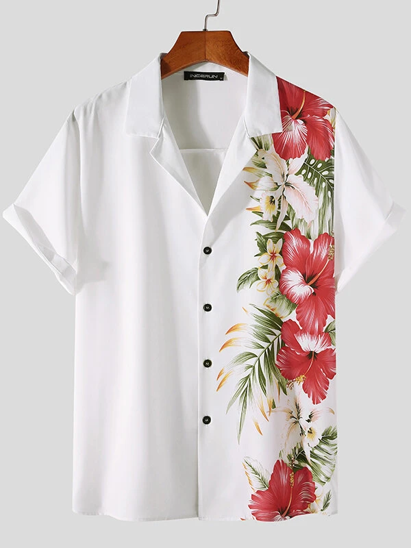 Mens Flower Print Revere Collar Short Sleeve Shirt 5 Mens Flower Print Revere Collar Short Sleeve Shirt - Image 3