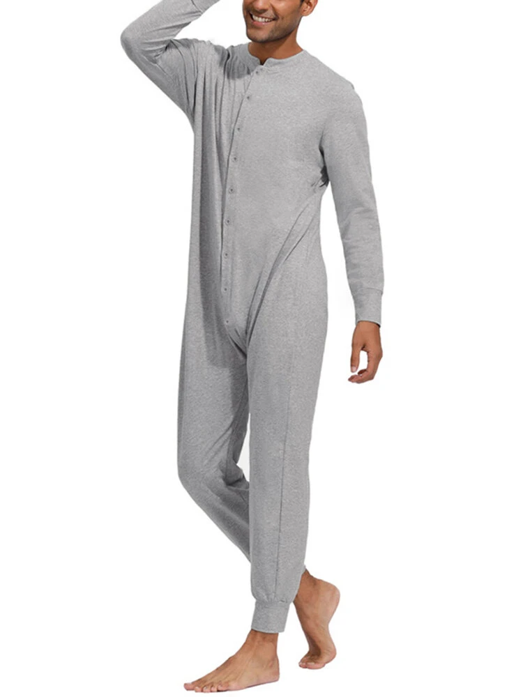 Pure Color Casual Thin Soft Home Long Sleeve O-Neck Button Jumpsuit Onesies For Men 10 Pure Color Casual Thin Soft Home Long Sleeve O-Neck Button Jumpsuit Onesies For Men - Image 8