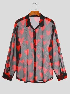 Mens Heart Print See Through Long Sleeve Shirt -Incerun Shop c50e57b0 b03f 47e4 ab13 c173b24badf6