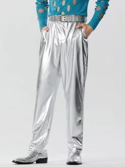 Mens Metallic Metal Button Casual Straight Pants