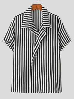 Mens Striped Short Sleeve Loose Fit Shirt 9 Mens Striped Short Sleeve Loose Fit Shirt -Incerun Shop c560d217 de99 4990 95a2 3a1f465de355