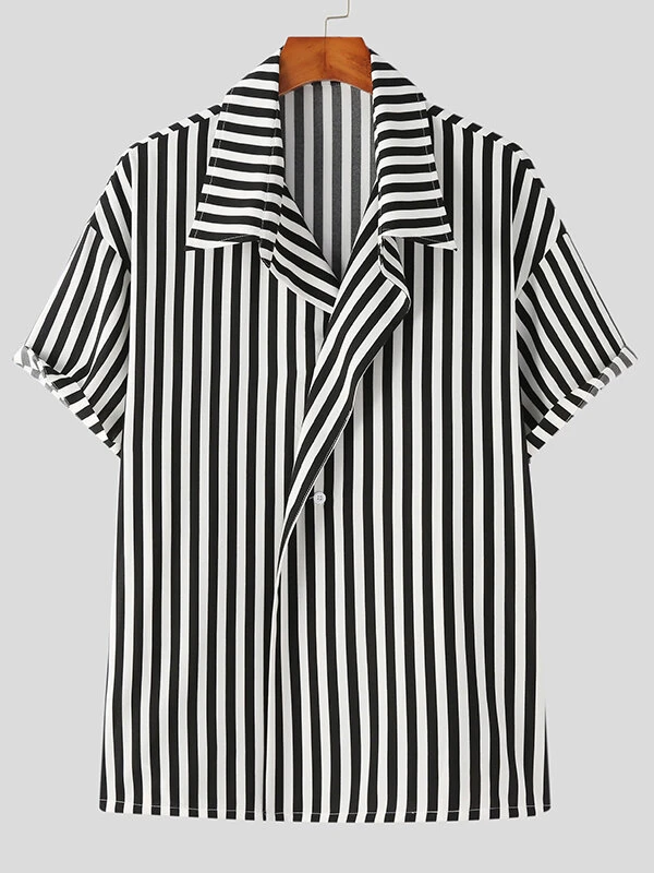Mens Striped Short Sleeve Loose Fit Shirt 5 Mens Striped Short Sleeve Loose Fit Shirt - Image 3