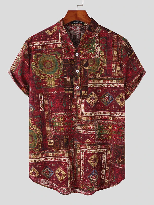 Mens Ethnic Geometric Pattern Half Button 100%Cotton Henley Shirt 5 Mens Ethnic Geometric Pattern Half Button 100%Cotton Henley Shirt - Image 3