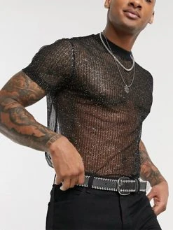 Mens Striped Mesh See Through T-Shirt