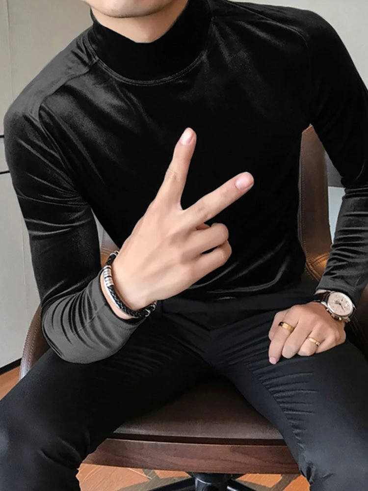 Men High Neck Velvet Long Sleeve T-Shirt 3 Men High Neck Velvet Long Sleeve T-Shirt