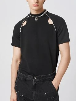 Mens Cutout Half-Collar Piped Raglan Sleeve T-Shirt