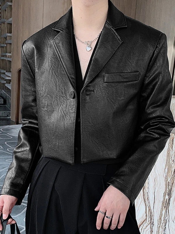 Mens Solid Lapel Faux Leather Casual Crop Blazer 3 Mens Solid Lapel Faux Leather Casual Crop Blazer