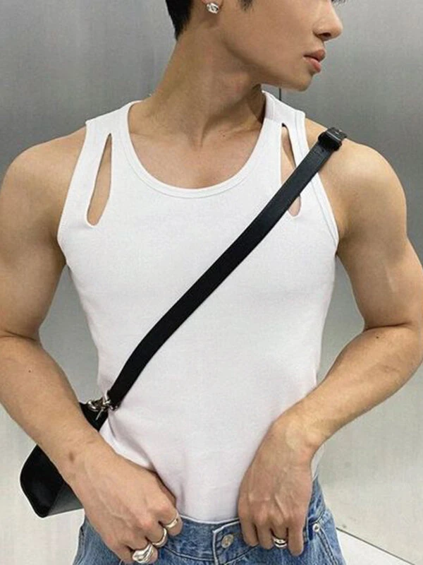 Men Hollow Cutout Shoulder Straps Solid Vest 3 Men Hollow Cutout Shoulder Straps Solid Vest