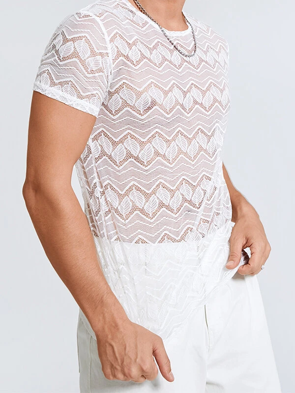 Men Lace Crew Neck Short Sleeve T-Shirt 8 Men Lace Crew Neck Short Sleeve T-Shirt - Image 6