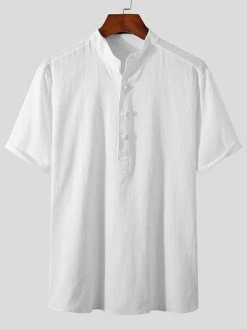 Mens Solid Short Sleeve Button Front Stand Collar Shirt -Incerun Shop c886f469 03b9 4dc3 a31e 66dbdac53f4a