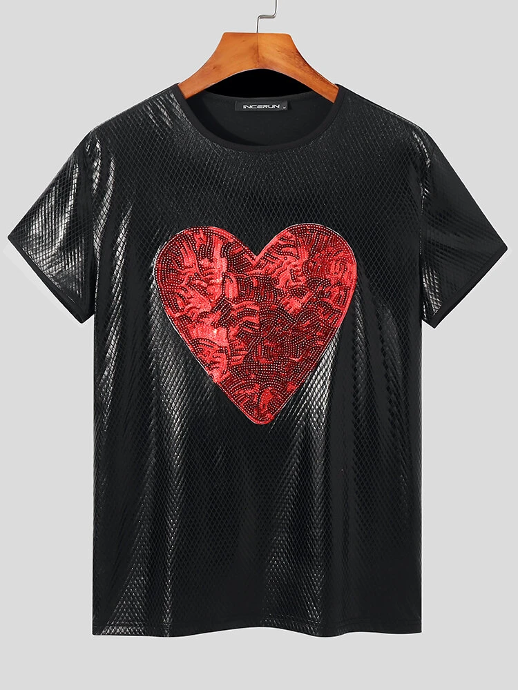 Mens Shiny Metallic Love Heart Patch T-Shirt 7 Mens Shiny Metallic Love Heart Patch T-Shirt - Image 5