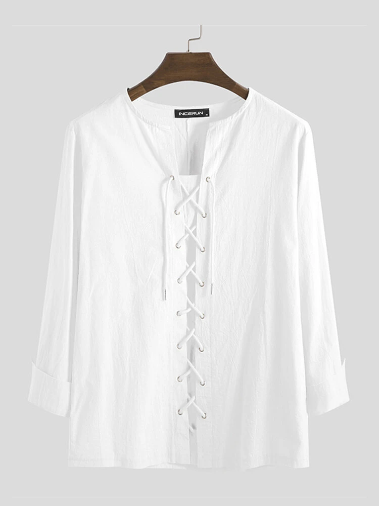 Mens 100% Cotton Pure Color Loose Lace Up Long Sleeve T-Shirts 9 Mens 100% Cotton Pure Color Loose Lace Up Long Sleeve T-Shirts - Image 7