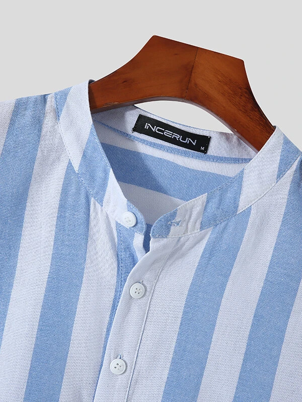 Mens Striped Half Button Casual Short Sleeve Henley Shirt 8 Mens Striped Half Button Casual Short Sleeve Henley Shirt - Image 6