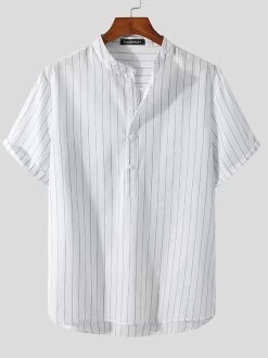 Mens Stripe Print Stand Collar Short Sleeve Shirt -Incerun Shop cab4c024 8229 4716 936a c0abee46830c