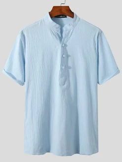 Mens Solid Short Sleeve Button Front Stand Collar Shirt