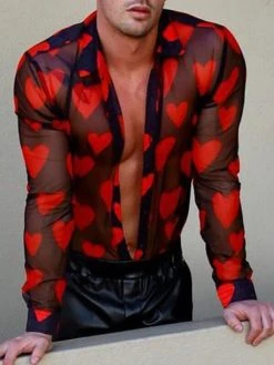 Mens Heart Print See Through Long Sleeve Shirt -Incerun Shop cb4ee816 6117 4f60 9206 bfc5ca313008