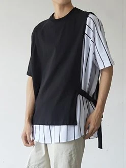 Mens Striped Patchwork Push Buckle Loose T-Shirt -Incerun Shop cb717c17 ec20 460c 9c17 5806e16bccbb