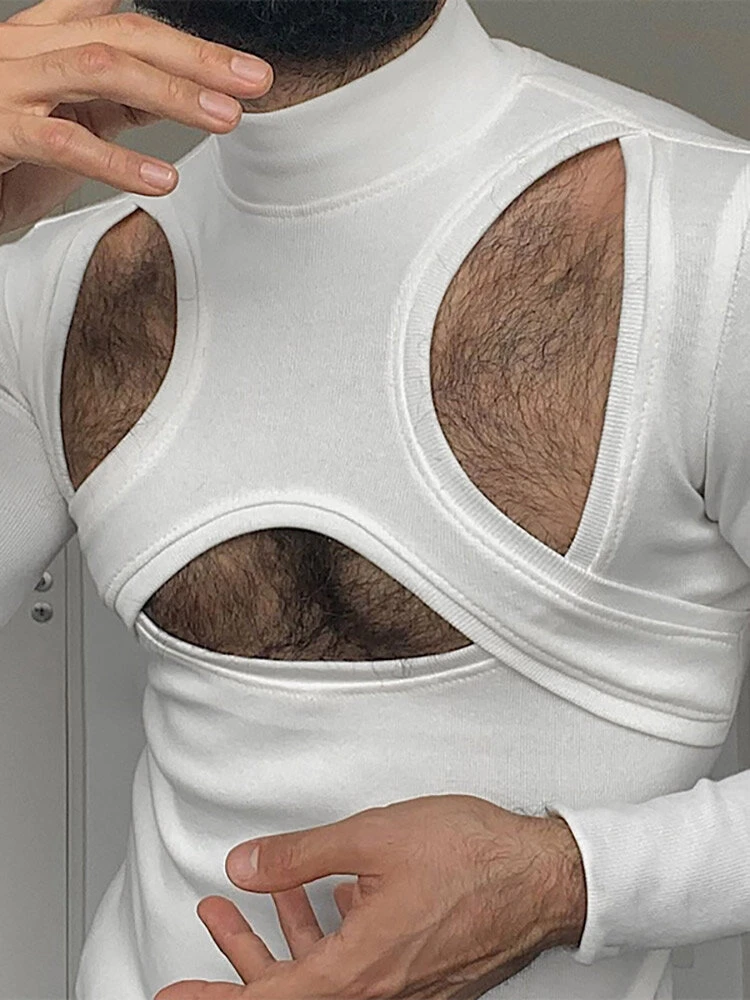 Mens Hollow High Neck Slim Long Sleeve T-shirt 3 Mens Hollow High Neck Slim Long Sleeve T-shirt