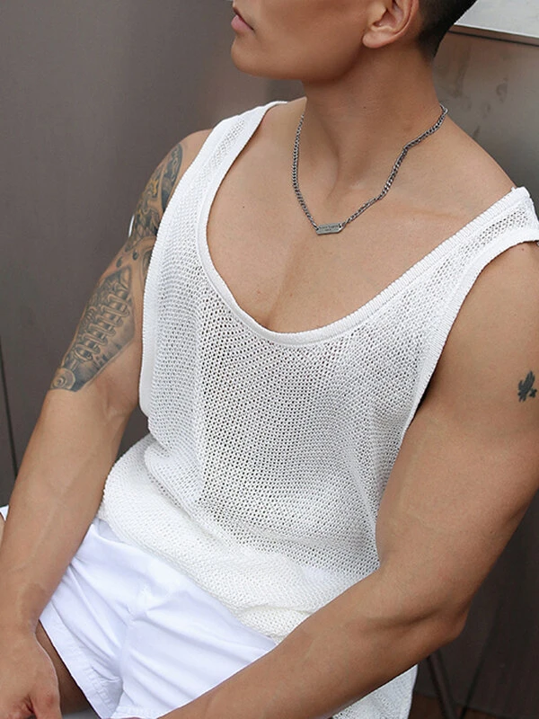 Mens Knit Hollow Out Scoop Neck Sleeveless Tank 5 Mens Knit Hollow Out Scoop Neck Sleeveless Tank - Image 3
