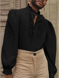 Mens Puff Sleeve Ruffle Neck Button Shirt -Incerun Shop cc8bb1ff 6a39 4176 819b 6d4491da9007