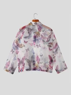Mens Butterfly Print See Through Lapel Button Up Shirt -Incerun Shop ccc9dac4 07ff 417b 8818 17ea34c4a2f5