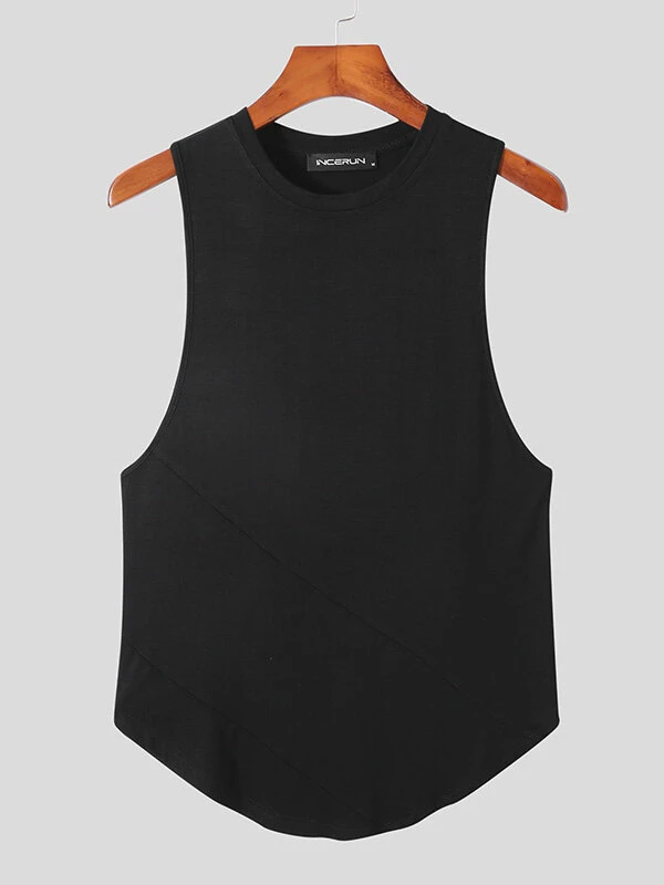 Men Solid Color Round Neck Curved Hem Vest 5 Men Solid Color Round Neck Curved Hem Vest - Image 3