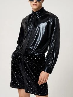 Mens Shiny Metallic Bow Tie Neck Shirt