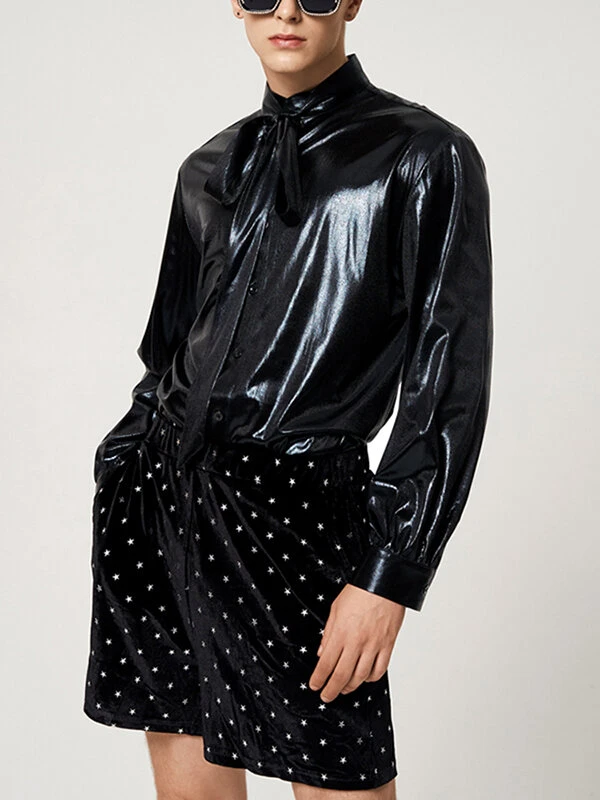 Mens Shiny Metallic Bow Tie Neck Shirt 3 Mens Shiny Metallic Bow Tie Neck Shirt