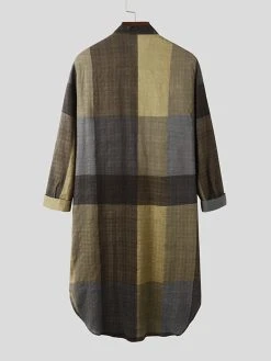 Mens Cotton Ethnic Gingham Kaftan Calf-Length Shirts Design Breathable Casual Robes -Incerun Shop cd66f9f8 fe37 49d2 a2da a9616744ab39