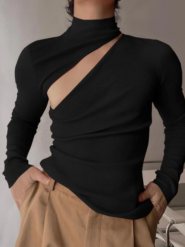 Mens Hollow High Neck Slim Stretch T-Shirt 3 Mens Hollow High Neck Slim Stretch T-Shirt