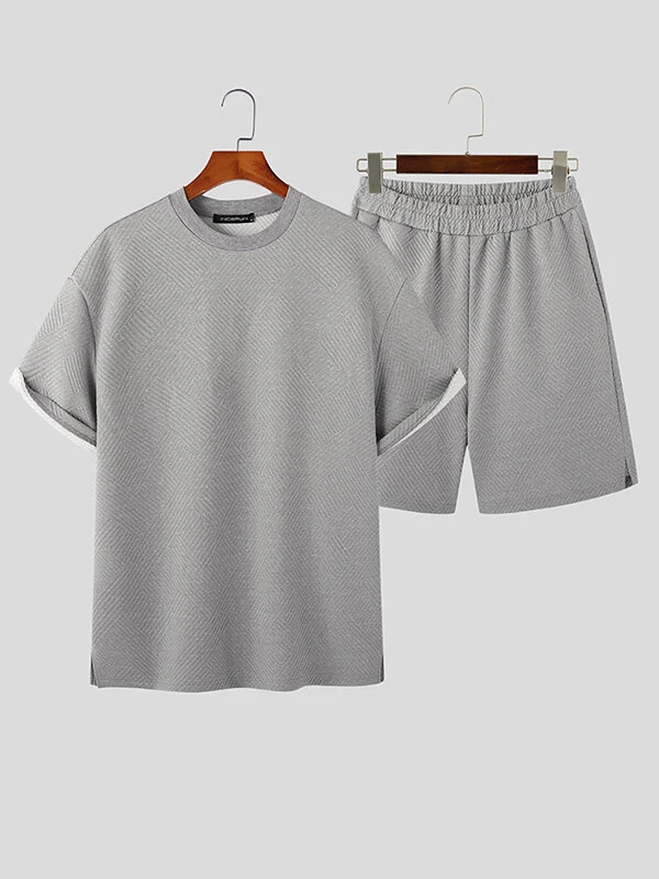 Mens Texture Side Split Short Sleeve Casual Two Pieces Outfits 6 Mens Texture Side Split Short Sleeve Casual Two Pieces Outfits - Image 4