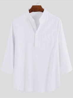 Mens Linen Casual Roll Sleeve Loose Buttons Pullover Henley Shirts -Incerun Shop cdf68978 94b7 4ed6 ad3a f8113d3b4346