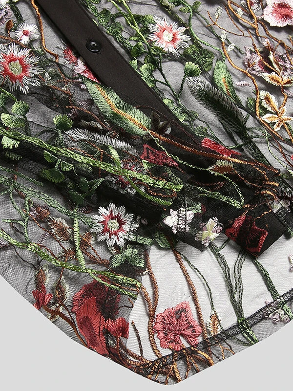 Men Plant Floral Embroidery Thin See Through Fashion Shirt 11 Men Plant Floral Embroidery Thin See Through Fashion Shirt - Image 9
