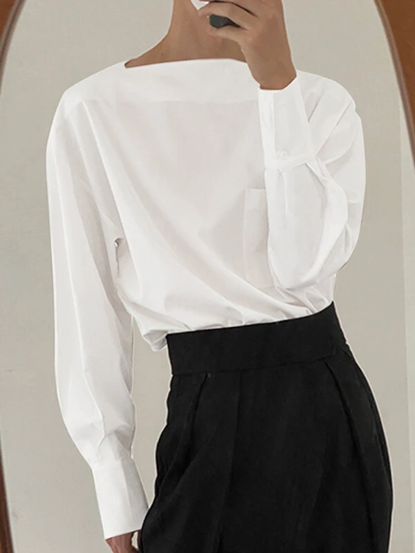 Mens One-Line Neck Pocket Loose Shirt 3 Mens One-Line Neck Pocket Loose Shirt