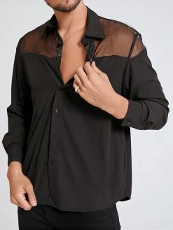Men Sexy Mesh Patchwork Long Sleeve Shirt