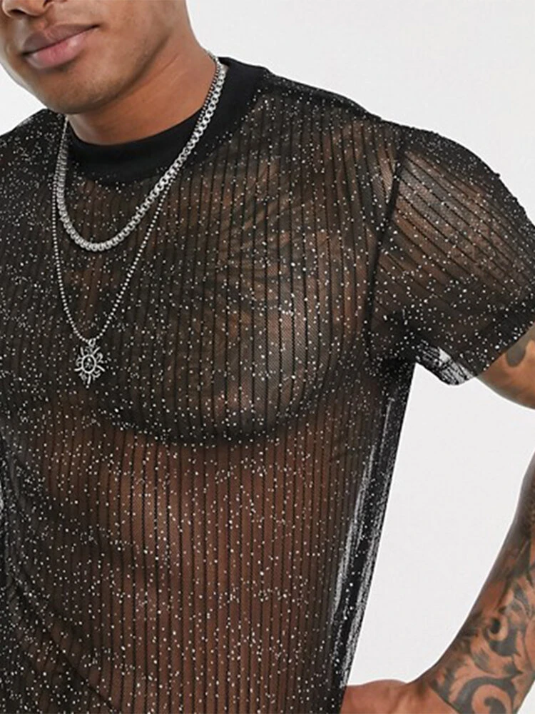 Mens Striped Mesh See Through T-Shirt 4 Mens Striped Mesh See Through T-Shirt - Image 2