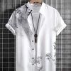 Mens Floral Bamboo Print Stand Collar Short Sleeve Shirt