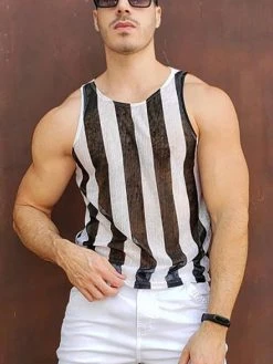 Men Sexy See Through Striped Vest