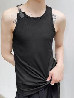Mens Solid Buckle Design Rib-Knit Sleeveless Tank