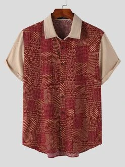 Mens Ethnic Print Patchwork Lapel Short Sleeve Shirt