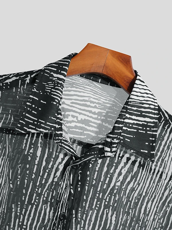 Mens Watercolor Striped Print Lapel Short Sleeve Shirt 7 Mens Watercolor Striped Print Lapel Short Sleeve Shirt - Image 5